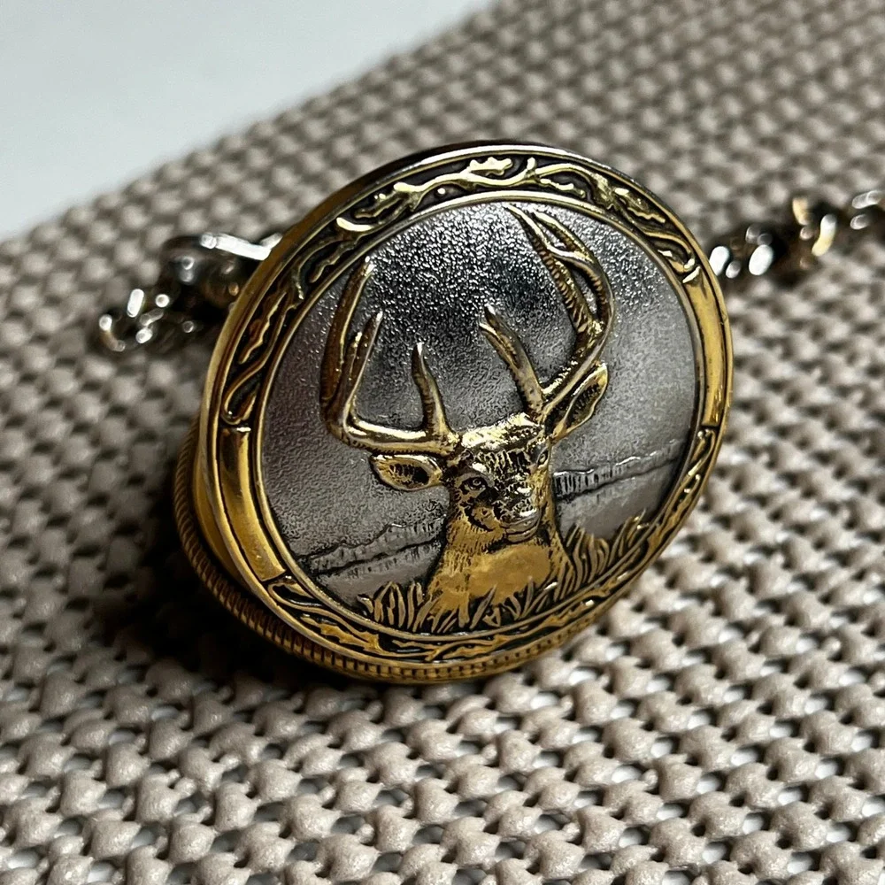 Phillip Crowe Majestic Watch Co Pocket Watch Deer Buck Two Tone Quartz Chain